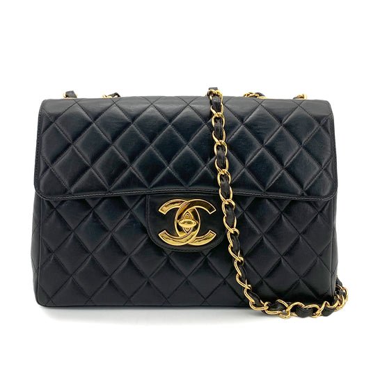 CHANEL VINTAGE JUMBO MATELASSE 30 CHAIN SHOULDER BAG BLACK LAMB SKIN 90259898