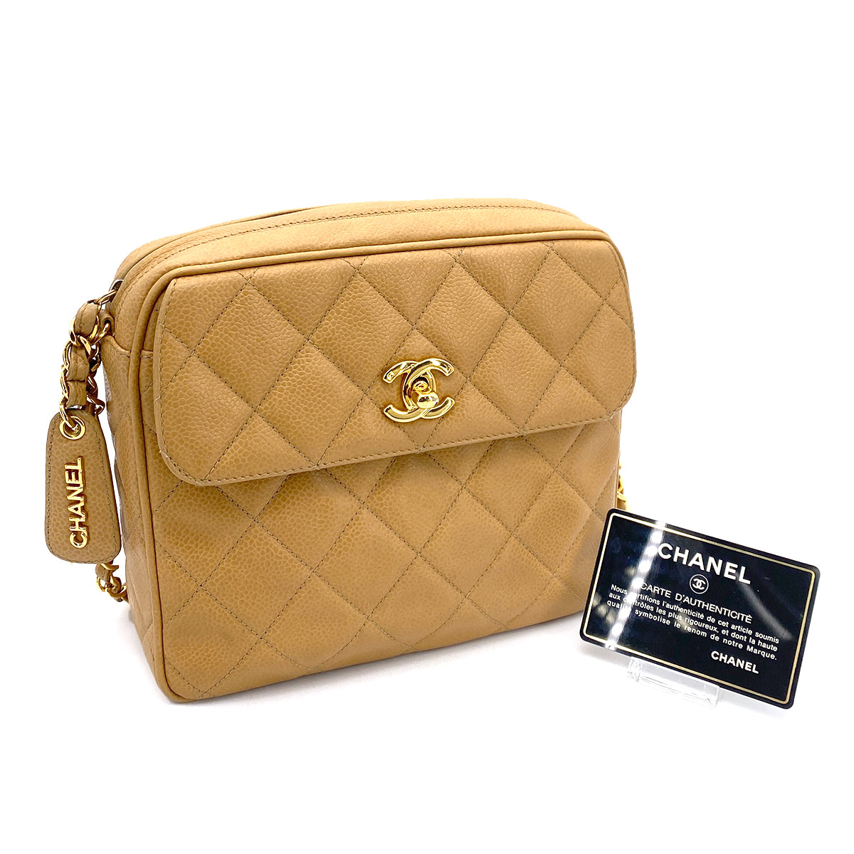 CHANEL VINTAGE MATELASSE CHAIN SHULDER BAG BEIGE CAVIAR SKIN 90260105