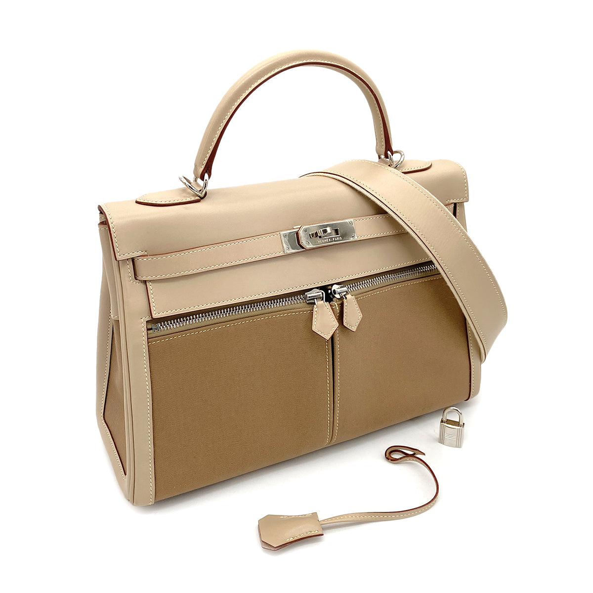 HERMES KELLY LAKIS 32 BEIGE SWIFT TOILE OFFICIER HAND SHOULDER BAG □K SHW 90260114