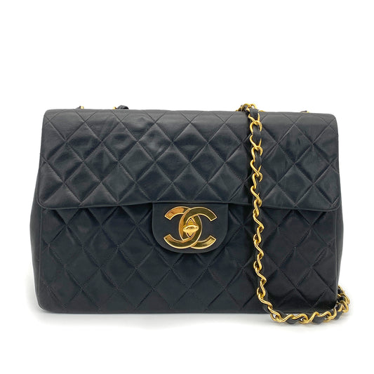 CHANEL VINTAGE MAXI MATELASSE 34 CHAIN SHOULDER BAG BLACK LAMB SKIN 90260123