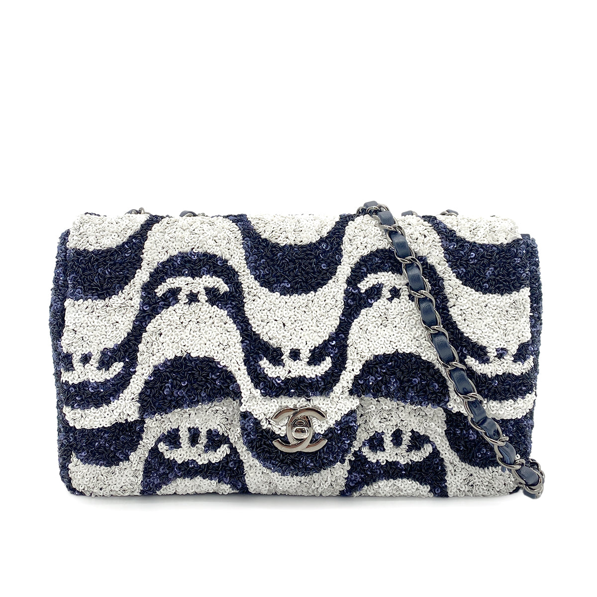 CHANEL CHAIN SHOULDER BAG BLUE WHITE SEQUINS LEATHER 90260128