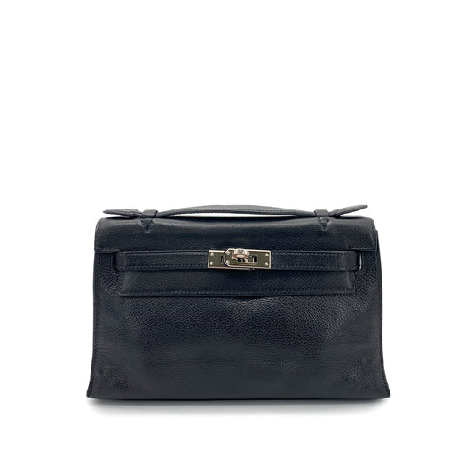 HERMES KELLY POCHETTE SELLIER BLACK EVERGRAIN HAND BAG □H SHW 90260136