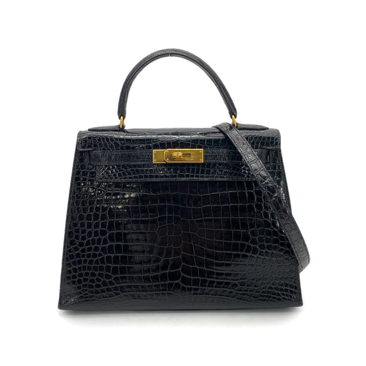 HERMES KELLY 28 SELLIER BLACK POROSUS CROCODILE HAND SHOULDER BAG 〇Y 90260139