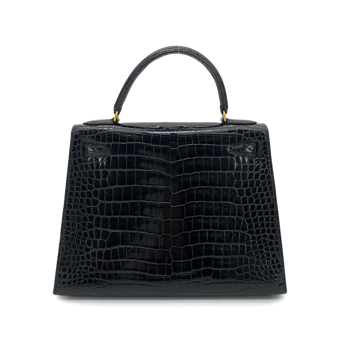 HERMES KELLY 28 SELLIER BLACK POROSUS CROCODILE HAND SHOULDER BAG 〇Y 90260139