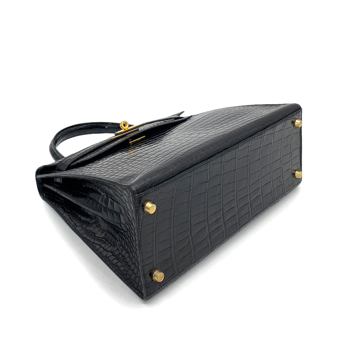 HERMES KELLY 28 SELLIER BLACK POROSUS CROCODILE HAND SHOULDER BAG 〇Y 90260139