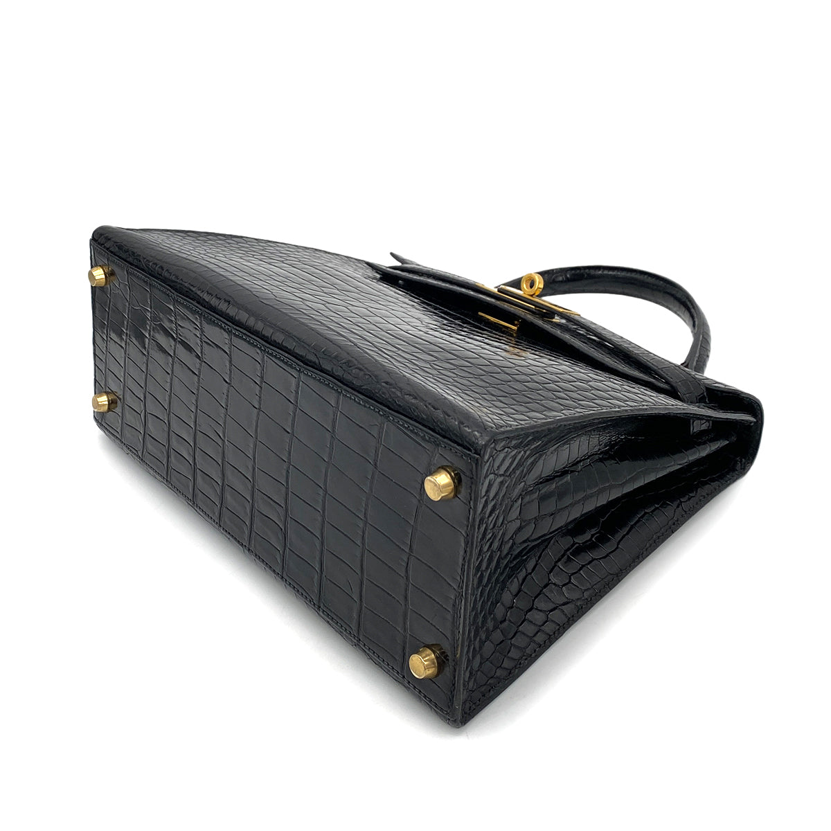 HERMES KELLY 28 SELLIER BLACK POROSUS CROCODILE HAND SHOULDER BAG 〇Y 90260139