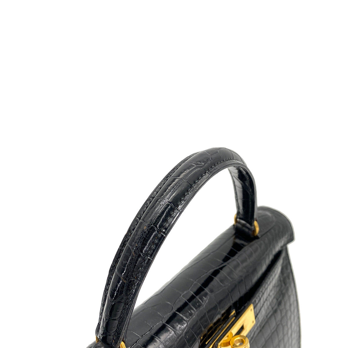 HERMES KELLY 28 SELLIER BLACK POROSUS CROCODILE HAND SHOULDER BAG 〇Y 90260139