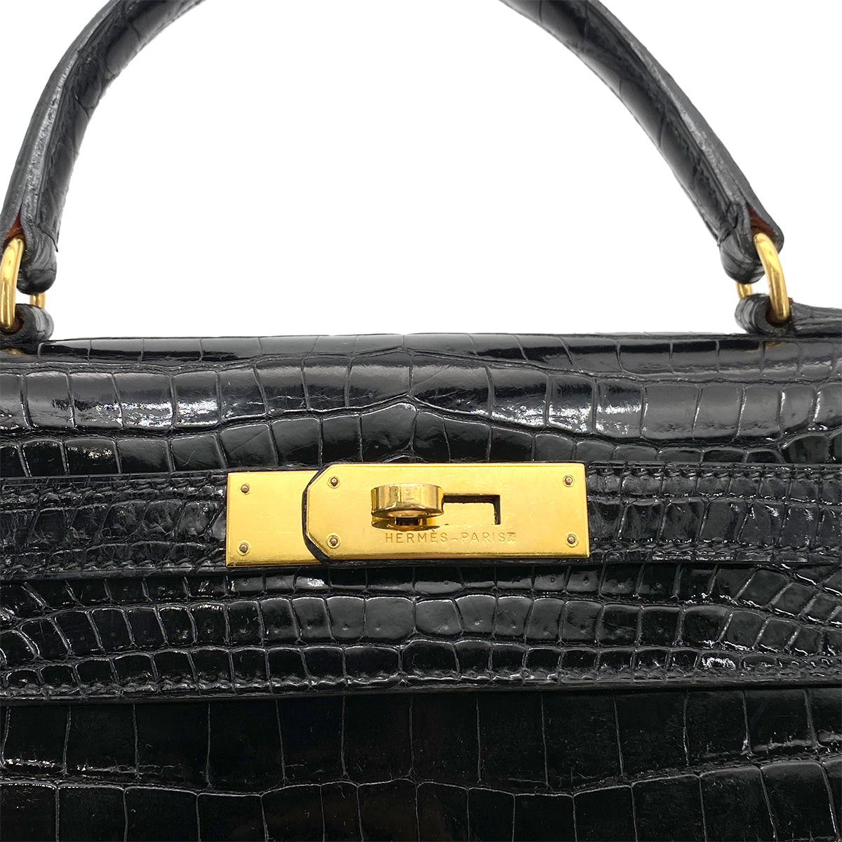 HERMES KELLY 28 SELLIER BLACK POROSUS CROCODILE HAND SHOULDER BAG 〇Y 90260139