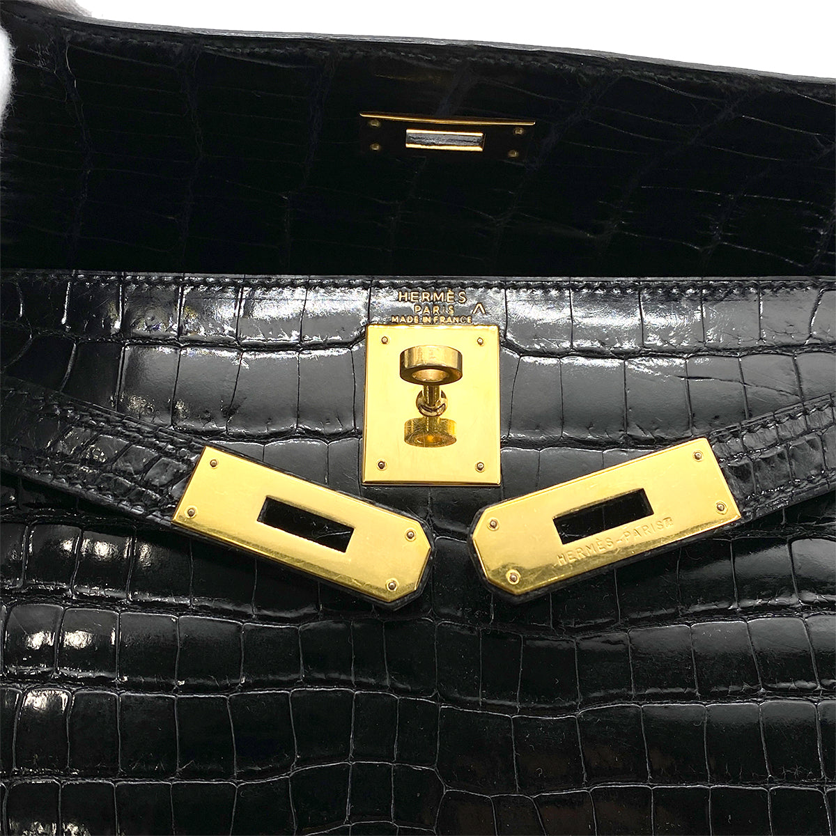HERMES KELLY 28 SELLIER BLACK POROSUS CROCODILE HAND SHOULDER BAG 〇Y 90260139