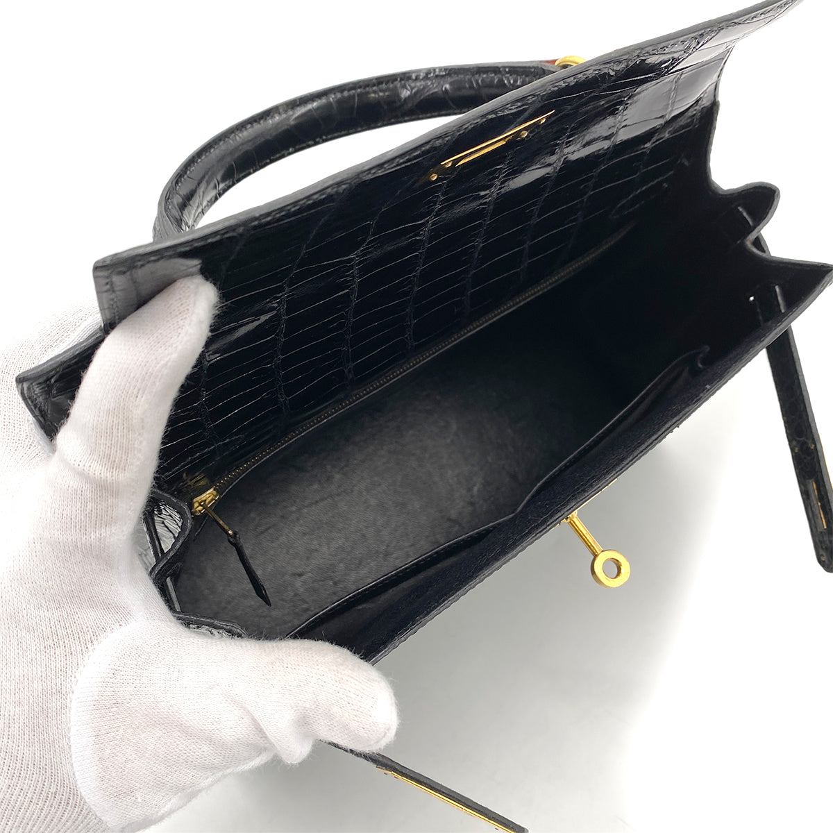 HERMES KELLY 28 SELLIER BLACK POROSUS CROCODILE HAND SHOULDER BAG 〇Y 90260139