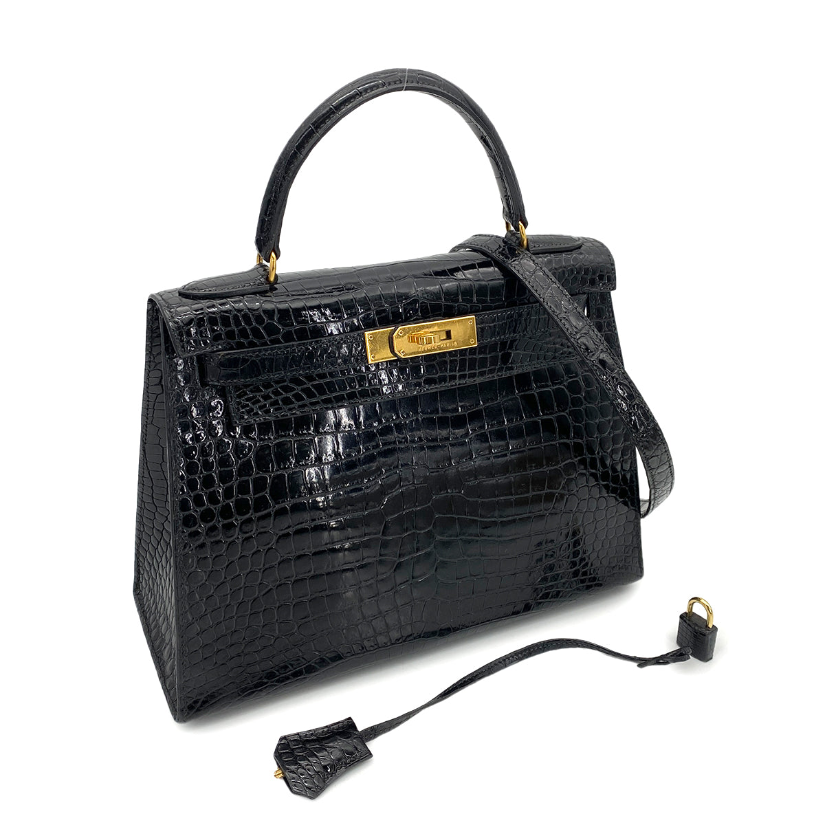 HERMES KELLY 28 SELLIER BLACK POROSUS CROCODILE HAND SHOULDER BAG 〇Y 90260139