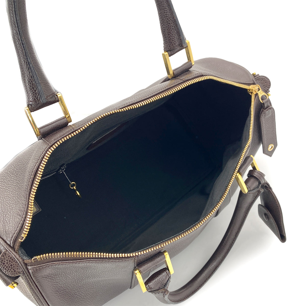 CHANEL VINTAGE BOSTON HAND SHOULDER BAG DARK BROWN CAVIAR SKIN 90260146