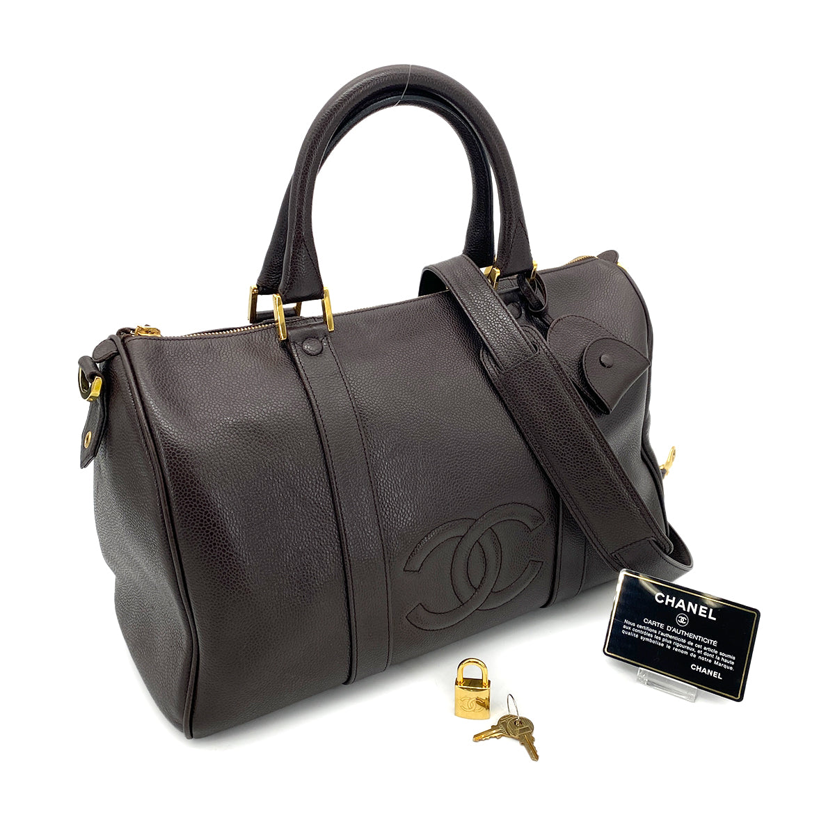 CHANEL VINTAGE BOSTON HAND SHOULDER BAG DARK BROWN CAVIAR SKIN 90260146