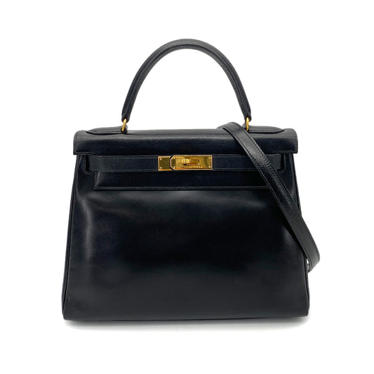 HERMES KELLY 28 RETOURNE BLACK BOXCALF HAND SHOULDER BAG 〇U GHW 90260147