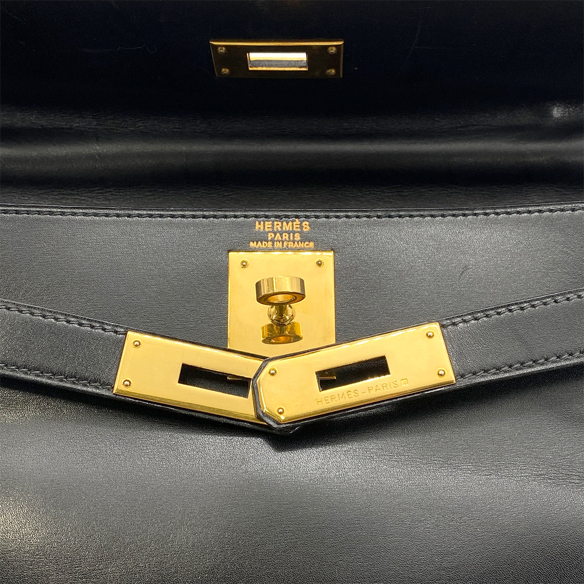 HERMES KELLY 28 RETOURNE BLACK BOXCALF HAND SHOULDER BAG 〇U GHW 90260147