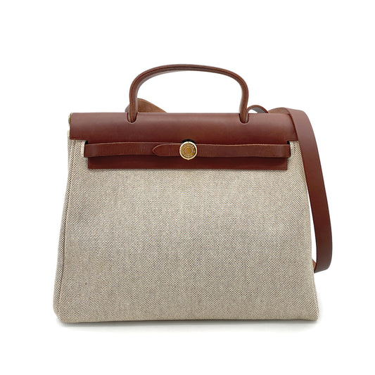 HERMES HER BAG PM 31 NATUREL BROWN TOILE H TOTE SHOULDER □E 90260149