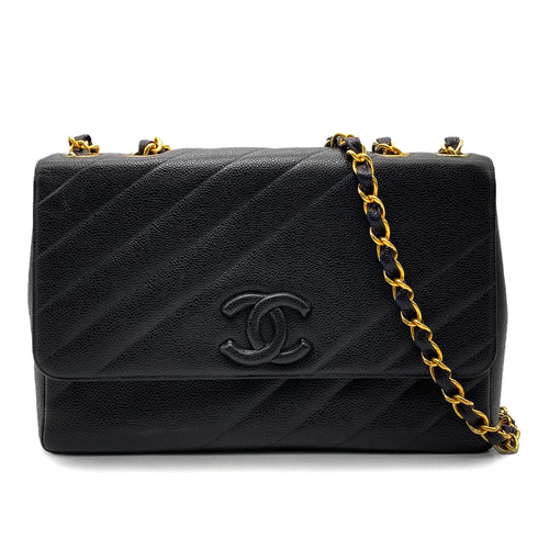 CHANEL VINTAGE BIAS STITCH CHAIN SHOULDER BAG BLACK CAVIAR SKIN 90260184 - PURPOSE
