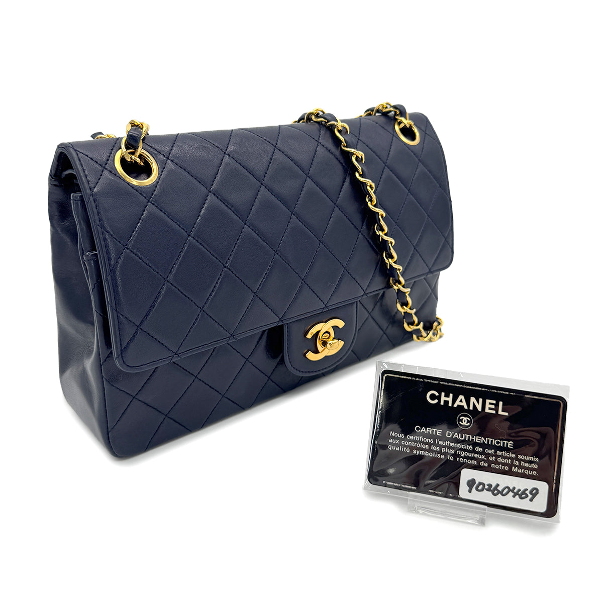 CHANEL VINTAGE MATELASSE CHAIN SHOULDER BAG NAVY LAMB SKIN 90260469