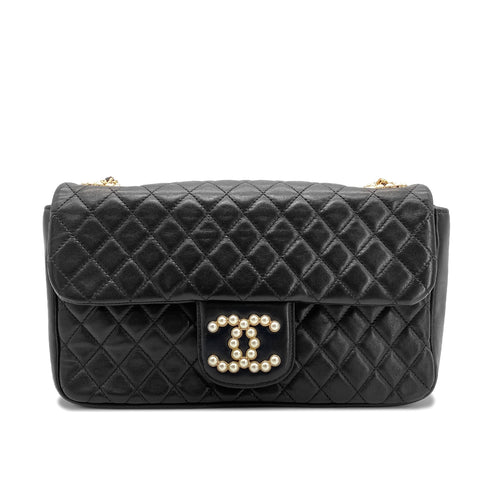 CHANEL VINTAGE WESTMINSTER CHAIN SHOULDER BAG FAKE PEARL BLACK LAMB SKIN 90260476 - PURPOSE