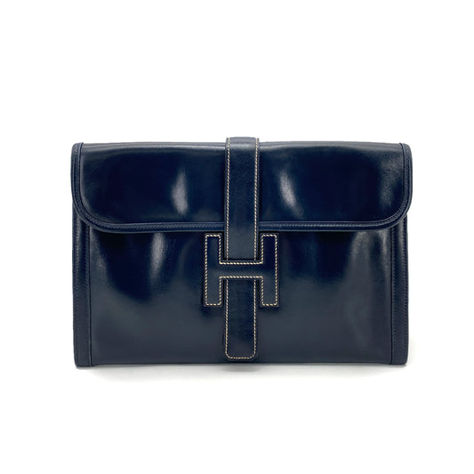 HERMES JIGE CLUTCH BAG NAVY BOXCALF 〇J 90260505