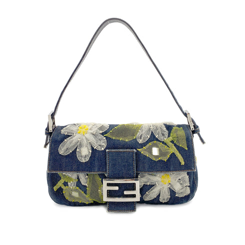 FENDI MAMMA BAGUETTE DENIM FLOWER SHOULDER BAG NAVY 90260792