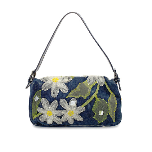 FENDI MAMMA BAGUETTE DENIM FLOWER SHOULDER BAG NAVY 90260792