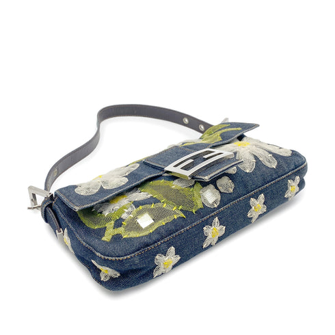 FENDI MAMMA BAGUETTE DENIM FLOWER SHOULDER BAG NAVY 90260792