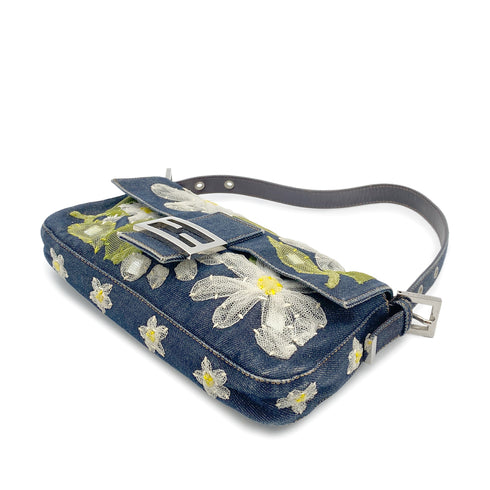FENDI MAMMA BAGUETTE DENIM FLOWER SHOULDER BAG NAVY 90260792