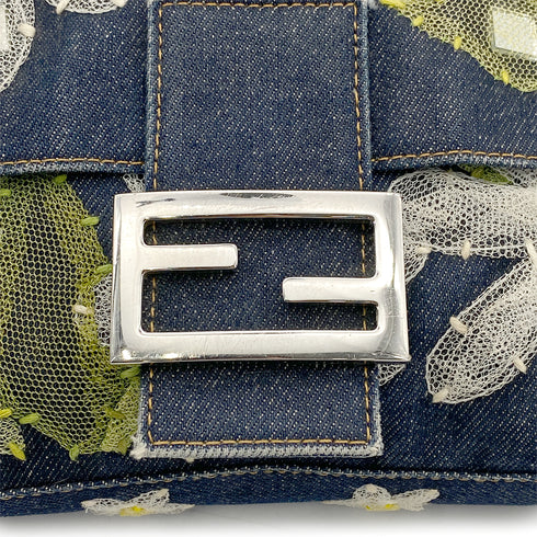 FENDI MAMMA BAGUETTE DENIM FLOWER SHOULDER BAG NAVY 90260792