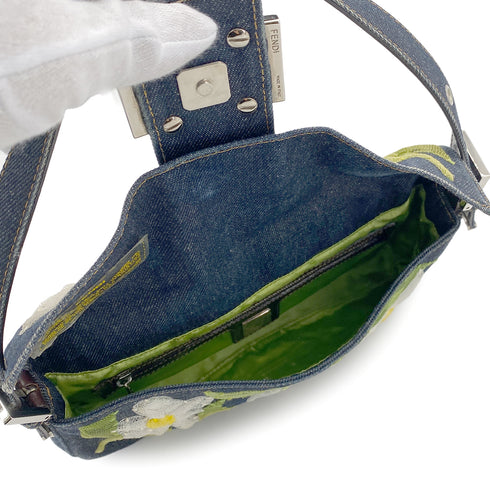FENDI MAMMA BAGUETTE DENIM FLOWER SHOULDER BAG NAVY 90260792