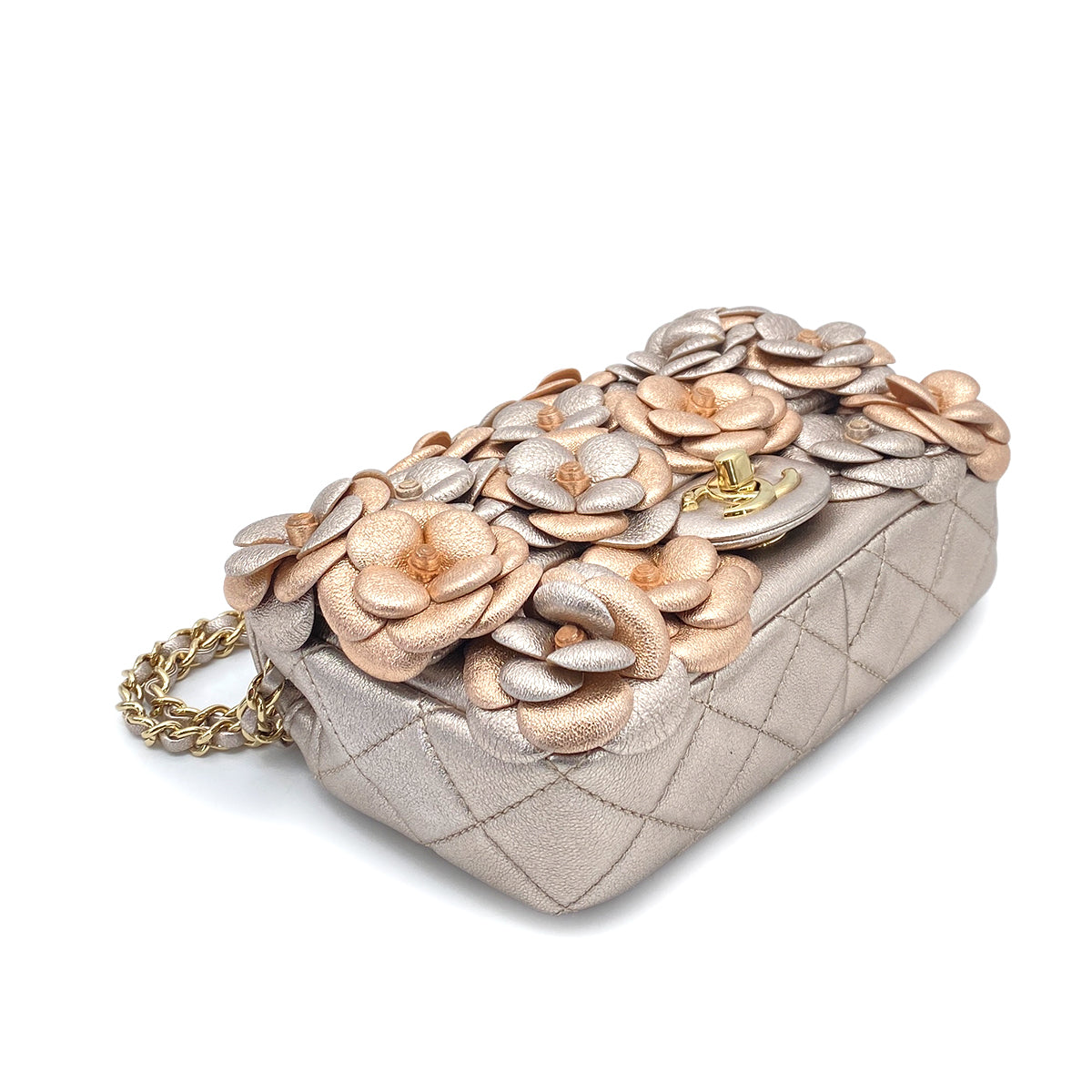 CHANEL CAMELLIA MINI CHAIN SHOULDER BAG METALLIC PINK LAMB SKIN 90261190
