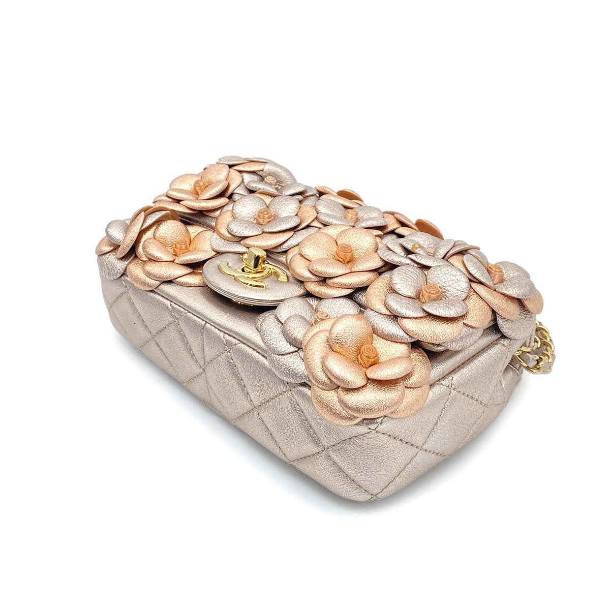 CHANEL CAMELLIA MINI CHAIN SHOULDER BAG METALLIC PINK LAMB SKIN 90261190