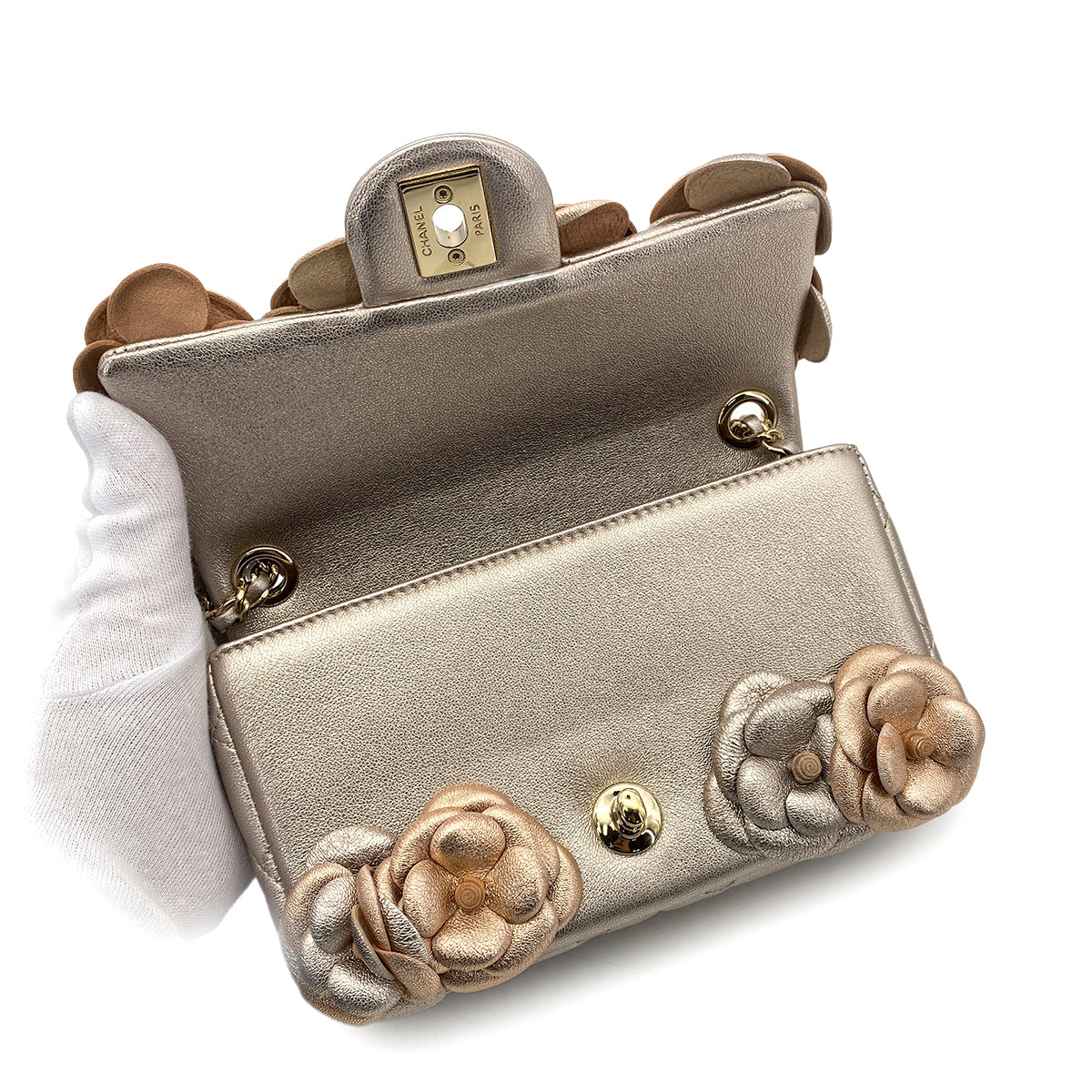 CHANEL CAMELLIA MINI CHAIN SHOULDER BAG METALLIC PINK LAMB SKIN 90261190