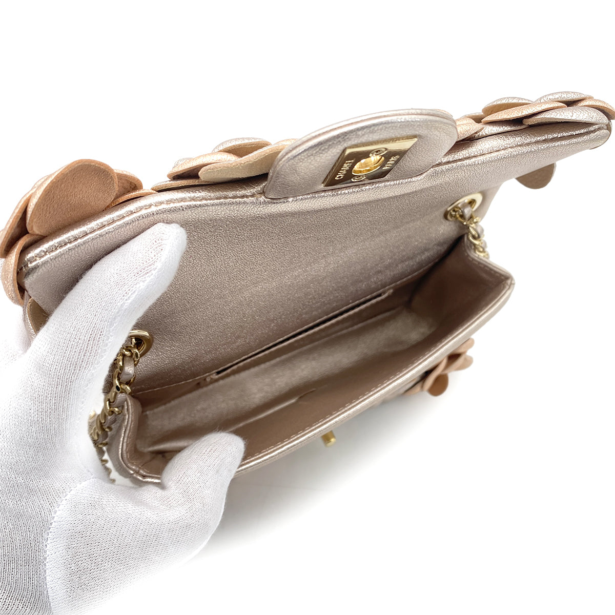CHANEL CAMELLIA MINI CHAIN SHOULDER BAG METALLIC PINK LAMB SKIN 90261190