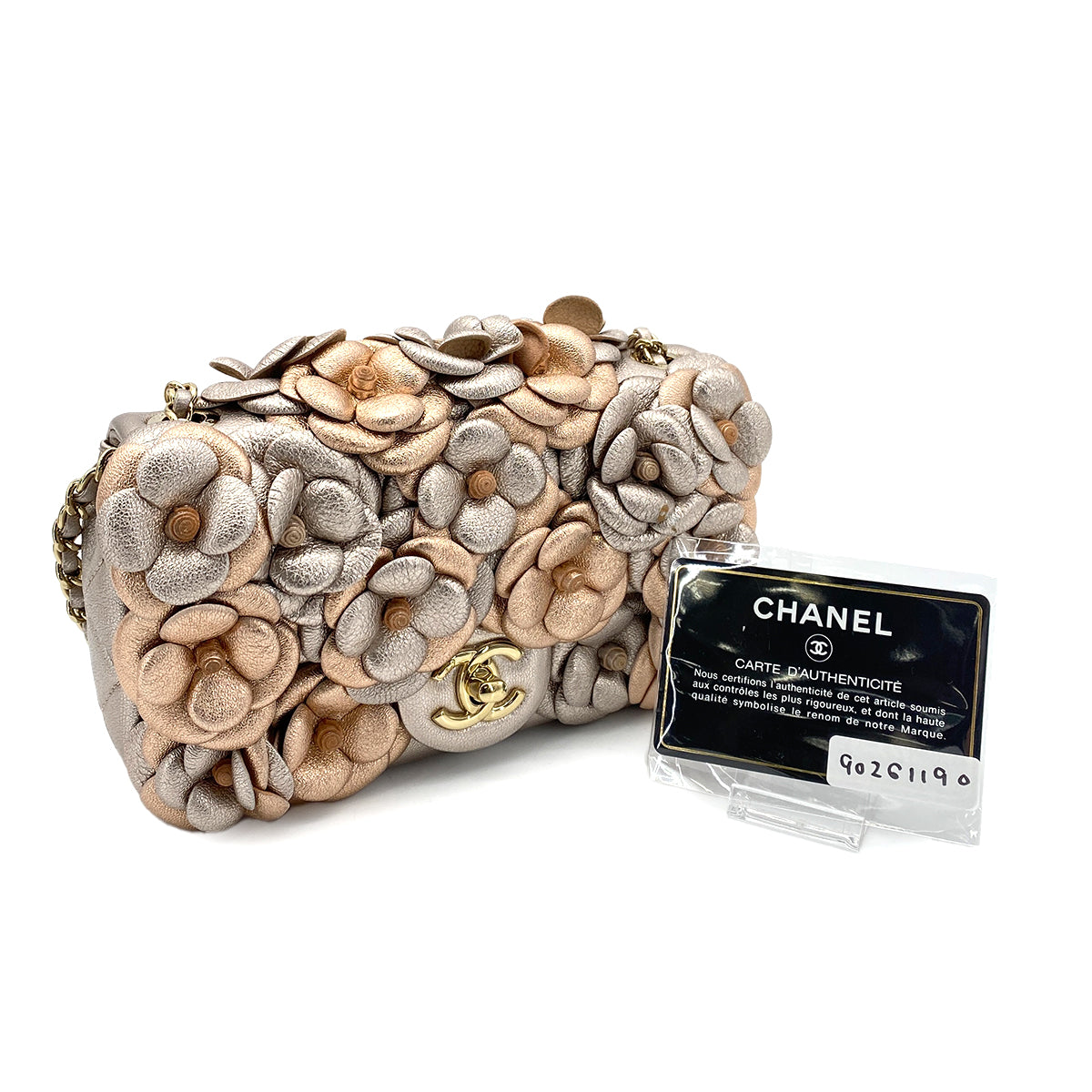 CHANEL CAMELLIA MINI CHAIN SHOULDER BAG METALLIC PINK LAMB SKIN 90261190