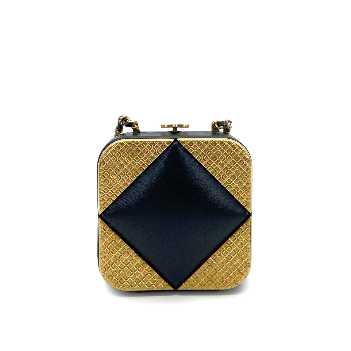 CHANEL METAL PANEL CLUTCH CHAIN SHOULDER BAG GOLD BLACK LAMB SKIN 90261192