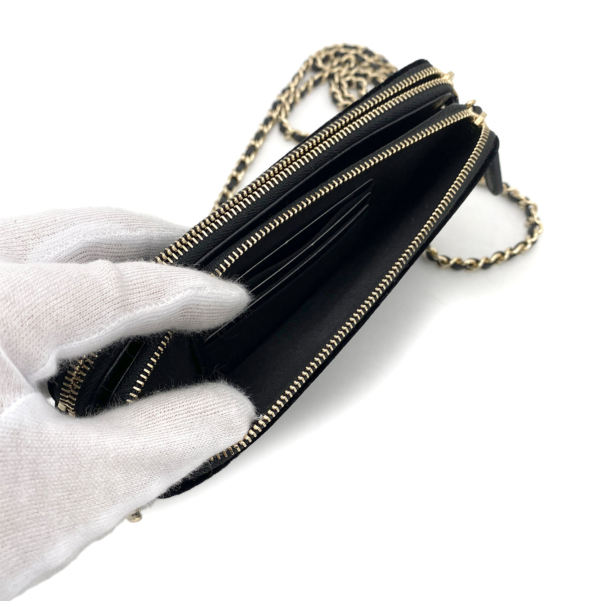 CHANEL FAUX PEARL MATELASSE CHAIN WALLET VELOR BLACK 90261193