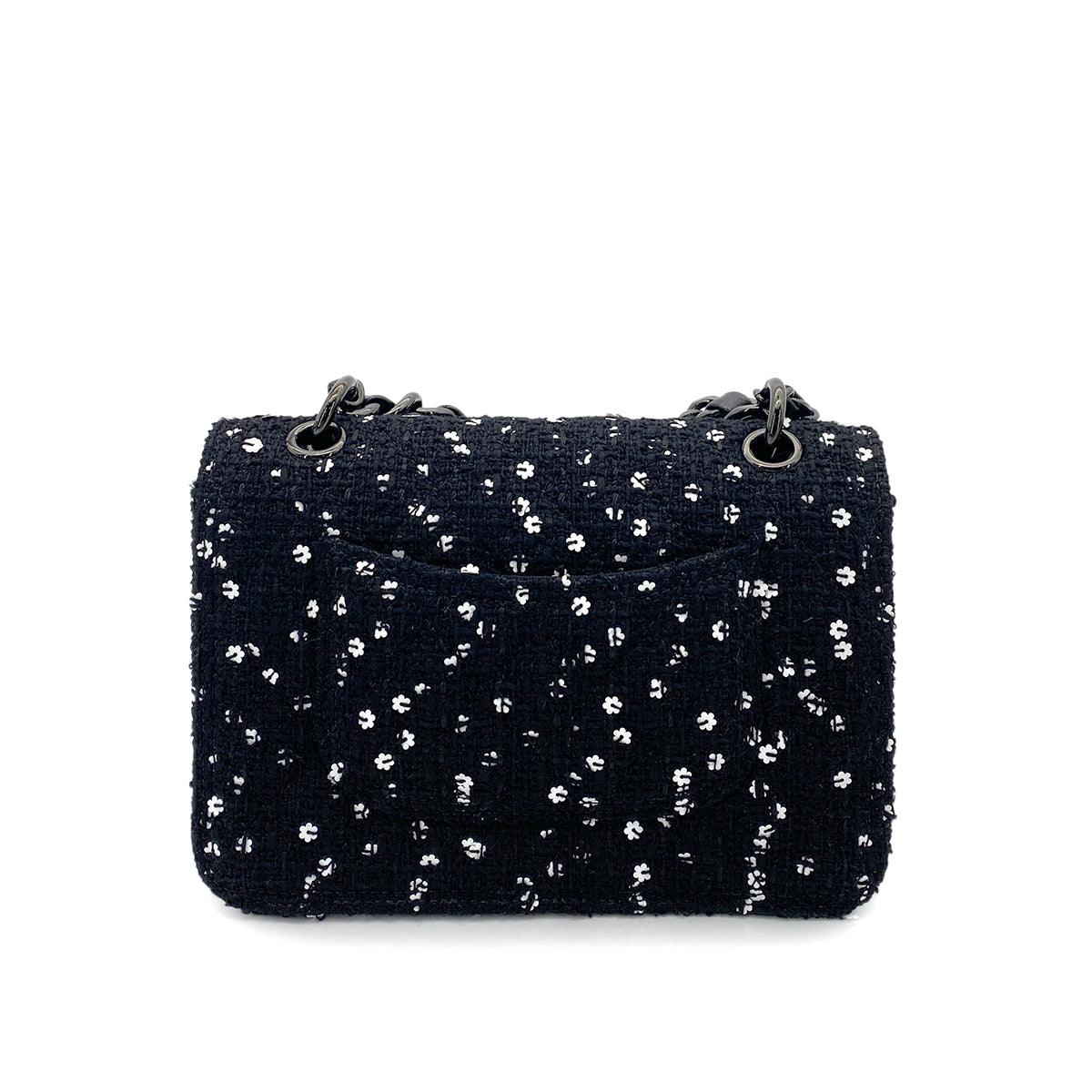 CHANEL MINI CHAIN SHOULDER BAG BLACK WHITE FLOWER TWEED 90261195
