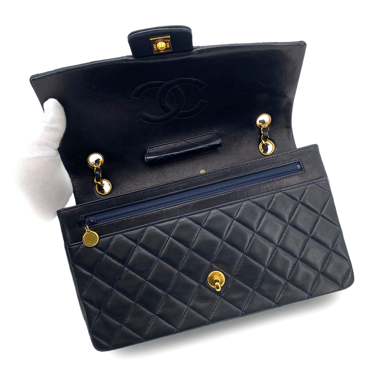 CHANEL VINTAGE MATELASSE CHAIN SHOULDER BAG NAVY LAMB SKIN 90261196