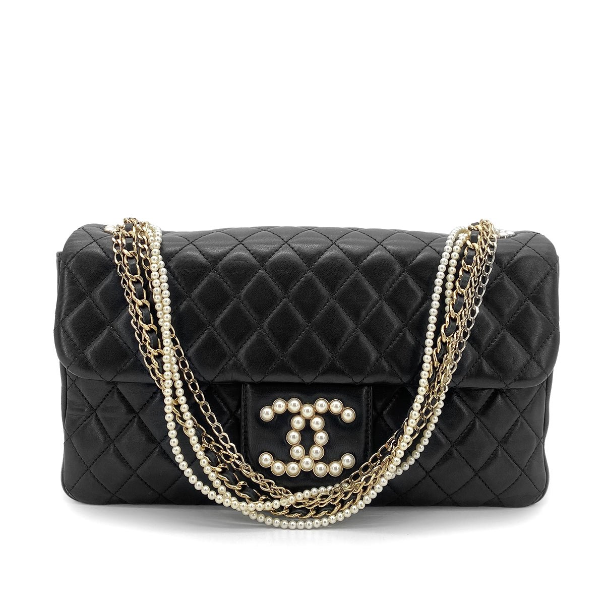 CHANEL WESTMINSTER CHAIN SHOULDER BAG FAUX PEARL BLACK LAMB SKIN 90261214