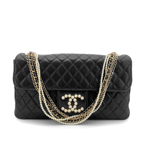 CHANEL WESTMINSTER CHAIN SHOULDER BAG FAUX PEARL BLACK LAMB SKIN 90261214