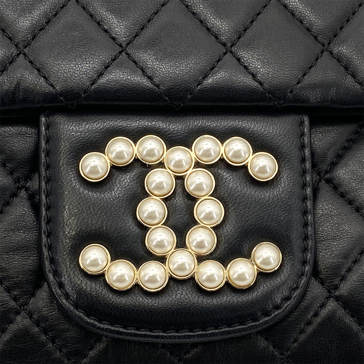 CHANEL WESTMINSTER CHAIN SHOULDER BAG FAUX PEARL BLACK LAMB SKIN 90261214