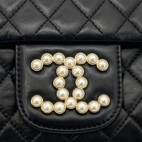CHANEL WESTMINSTER CHAIN SHOULDER BAG FAUX PEARL BLACK LAMB SKIN 90261214