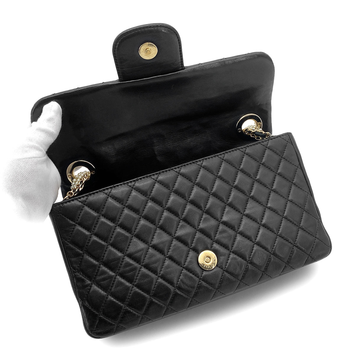 CHANEL WESTMINSTER CHAIN SHOULDER BAG FAUX PEARL BLACK LAMB SKIN 90261214