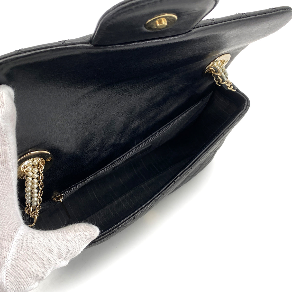 CHANEL WESTMINSTER CHAIN SHOULDER BAG FAUX PEARL BLACK LAMB SKIN 90261214
