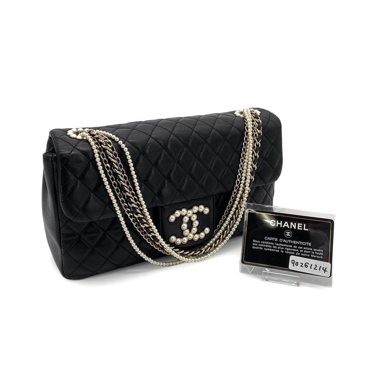 CHANEL WESTMINSTER CHAIN SHOULDER BAG FAUX PEARL BLACK LAMB SKIN 90261214