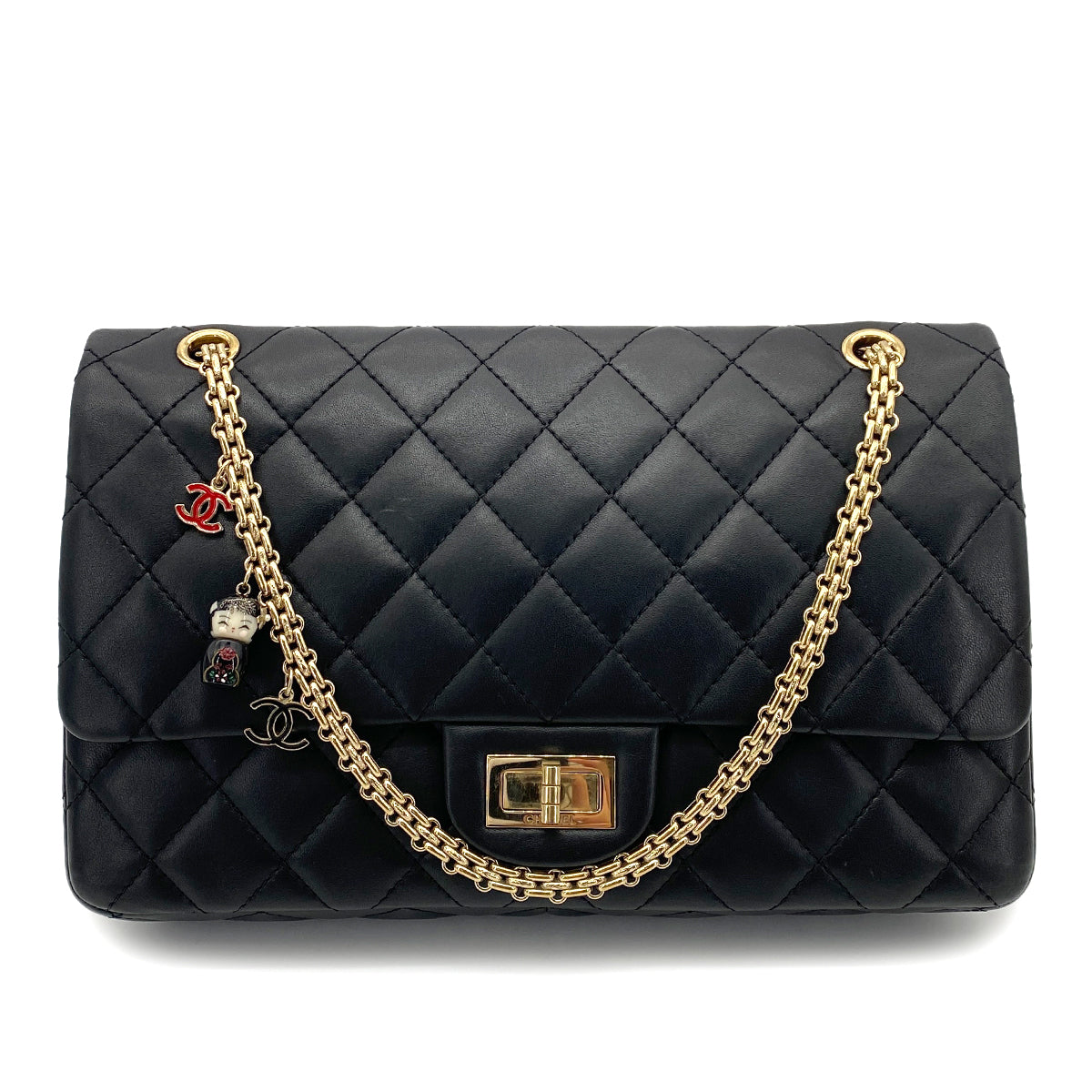 CHANEL VINTAGE 2.55 CHAIN SHOULDER BAG BLACK LAMB SKIN 90261218