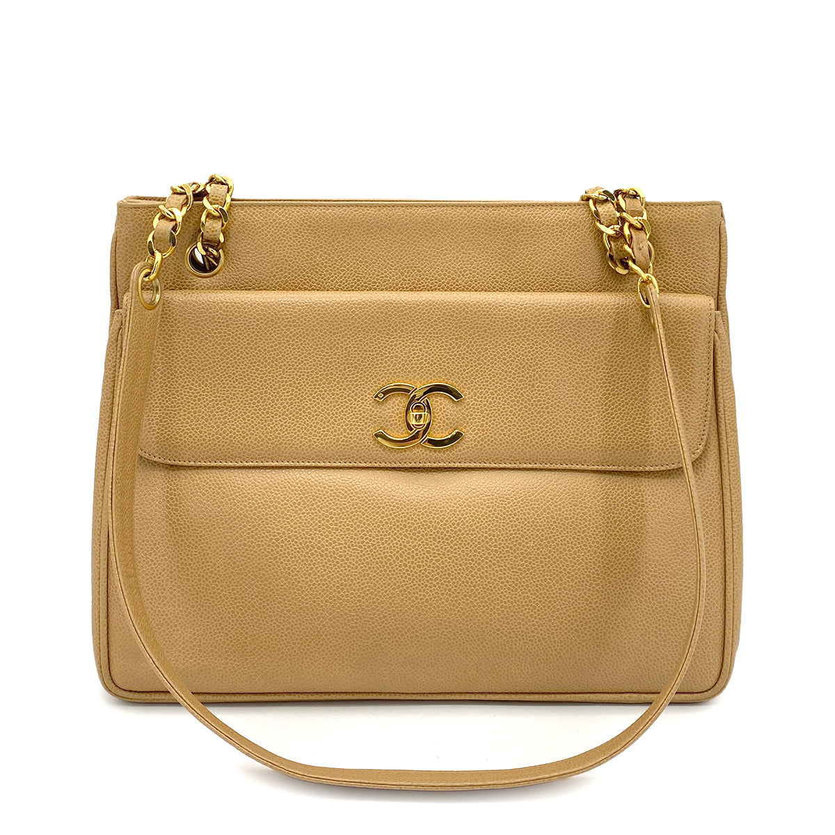 CHANEL VINTAGE CHAIN TOTE BAG BEIGE CAVIAR SKIN 90261219