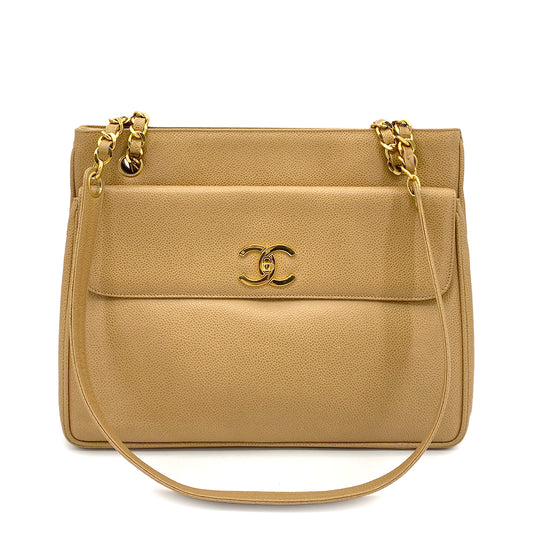 CHANEL VINTAGE CHAIN TOTE BAG BEIGE CAVIAR SKIN 90261219