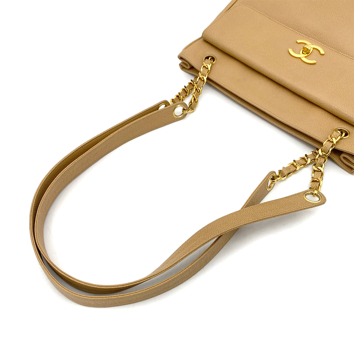 CHANEL VINTAGE CHAIN TOTE BAG BEIGE CAVIAR SKIN 90261219